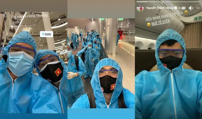 Việt Anh, Văn Hậu, Thành Chung tranh thủ "sống ảo" khi vừa đặt chân tới UAE tham dự vòng loại World Cup 2022.