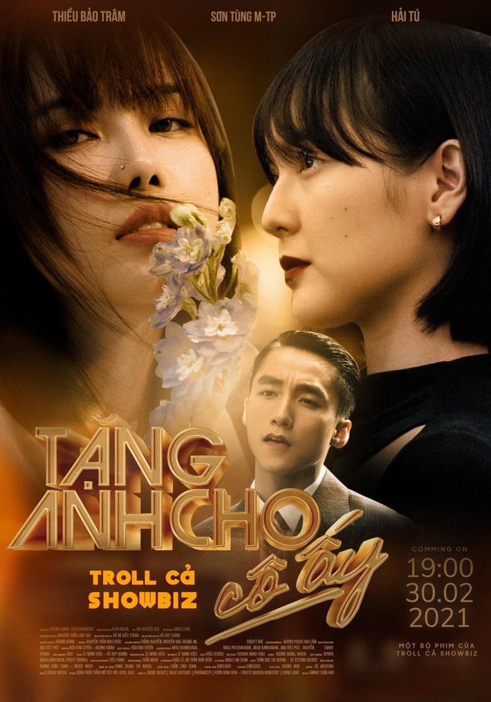 Hàng loạt ảnh chế ra đời, netizen "tặng" hẳn một poster phim ca nhạc về mối quan hệ tay ba của Trâm - Tùng - Tú. Bài hát Tặng anh cho cô ấy của Hương Giang bất ngờ được nhiều người tìm kiếm. Ảnh: Troll cả showbiz.