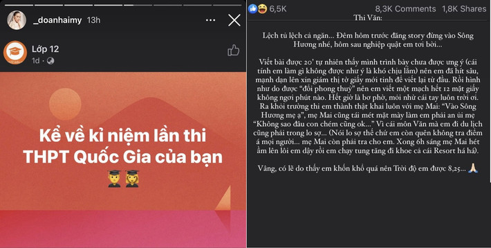 Không chỉ gửi lời chúc tới các sĩ tử dự thi, Doãn Hải My còn chia sẻ lại kỉ niệm thi cử và tiết lộ điểm số thi Đại học hồi bản thân bước vào kì thi tốt nghiệp THPT của mình.