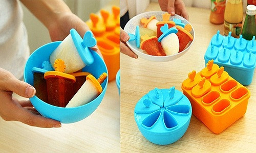 Bộ khuôn làm kem dạng bát tròn và khay vuông được bán trên thị trường với giá 68.000 - 75.000 đồng/bộ. Tùy theo số lượng que kem có thể làm (6-8 que), mức giá của khuôn khác nhau.