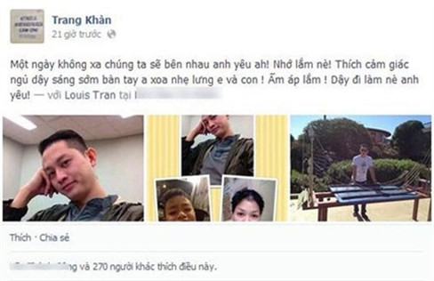 Những thông tin đăng tải cách đây khá lâu của Trang Trần cho thấy cô và Louis Trần có một mối tình khá đẹp. Louis Trần cũng chính là người đã chăm sóc Bảo Bảo - con nuôi của Trang Trần khi cậu bé ở Mỹ chữa bệnh. Thời gian này, Trang Trần tập trung cho việc kinh doanh và chăm sóc sức khỏe. Khá nhiều người cầu chúc sức khỏe cho mẹ con cô.