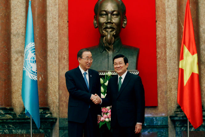 Tổng thư ký Liên hiệp quốc Ban Ki Moon bắt đầu chuyến công tác của mình bằng cuộc hội đàm quan trọng với Chủ tịch nước Trương Tấn Sang tại Phủ chủ tịch vào chiều 22/5 - Ảnh: Nguyễn Khánh