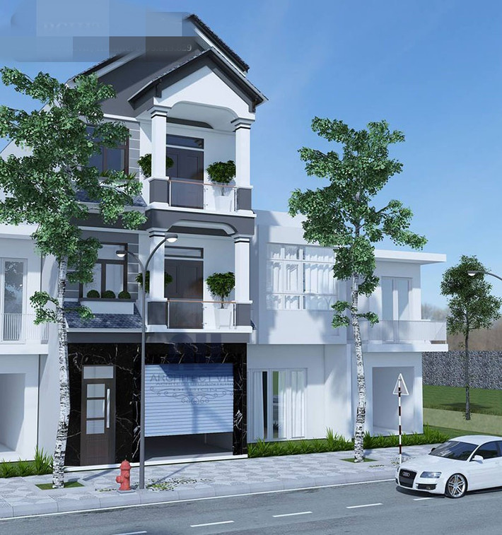 Nhà 3 tầng mặt tiền 5m đẹp nguy nga tráng lệ với điểm nhấn là màu xám trầm ấm của mái ngói. Ảnh: Architec Việt.
