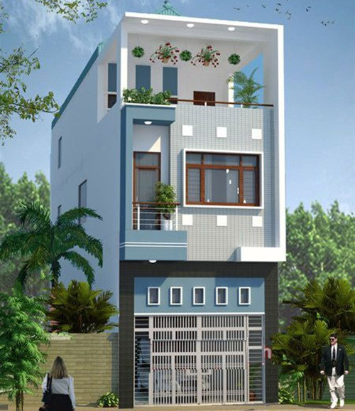 Nhà 2 tầng đơn giản với hình khối vuông vức, mặt tiền trang trí lạ mắt. Ảnh: Inhome.