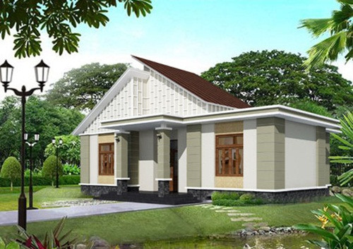 Mẫu nhà cấp 4 với mái ngói hình chữ A độc lạ, xung quanh nhiều cây cối, cửa sổ kính thanh lịch. Ảnh: Asiaarch2a.