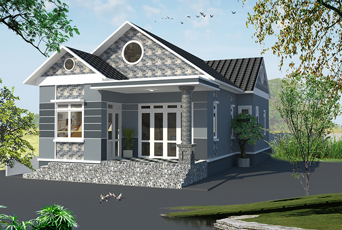Mẫu nhà cấp 4 nông thôn miền Bắc với mặt tiền ốp đá sang trọng. Ảnh: Datbinhduong.