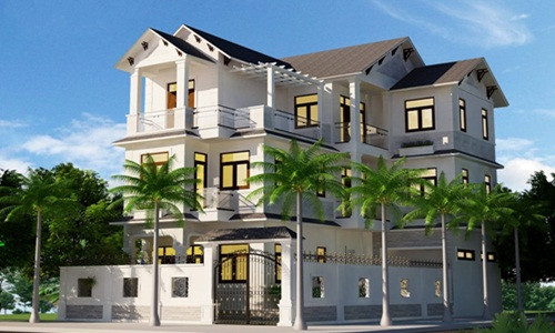 Biệt thự nằm trong khuôn viên rộng rãi với hàng dừa bao quanh. Ảnh: Kientrucadong.