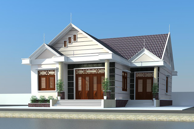 Với diện tích 120m2, ngôi nhà mái thái được bố trí phòng khách, phòng bếp, 2 phòng ngủ, một vệ sinh khép kín và một phòng để đồ. Ảnh: Arcviet.