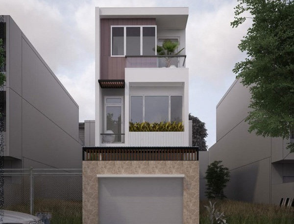Nhà phố lệch tầng theo kiến trúc hiện đại, thời thượng với tông màu trắng kết hợp đá ốp tường mable màu vàng. Ảnh: Thietkethicongnhadep.