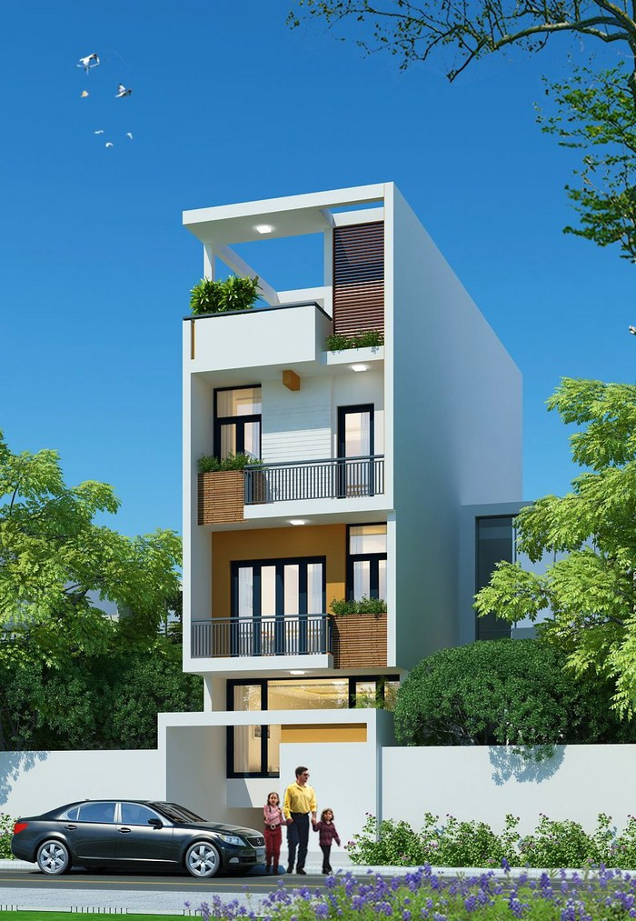 Mẫu nhà phố 3 tầng 1 tum với đường nét kiến trúc mặt tiền khỏe khoắn, gọn đẹp. Những bồn cây xanh mướt ở ban công và sân thượng tạo điểm nhấn sinh động, hút mắt cho công trình. Ảnh: Thietkenhaxuong.