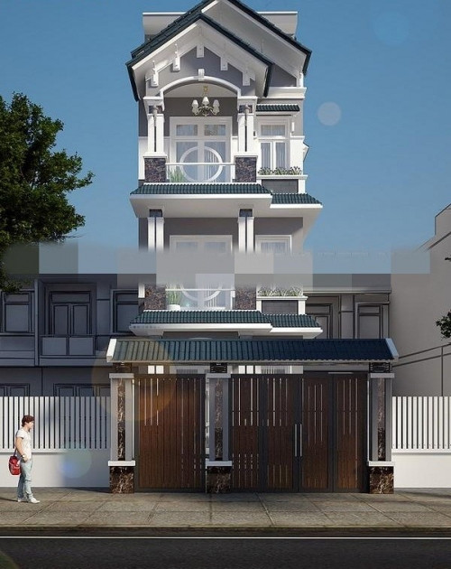 Nhà ống mái thái nổi bật với gạch ốp trang trí, lan can kính có vẻ đẹp sang trọng như biệt thự. Ảnh: Kientrucnhaviet.