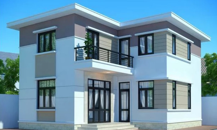 Mẫu nhà 2 tầng 80m2 4 phòng ngủ hiện đại theo kiến trúc hình chữ L mái bằng khoảng 800 triệu đồng. Ảnh: Thietkenhadepmoi.