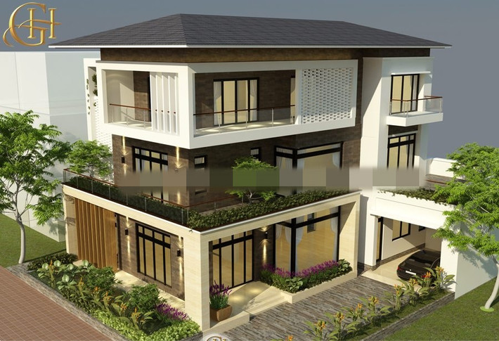 Biệt thự 3 tầng mái thái sử dụng các khung cửa nhôm kính lớn, tạo tầm nhìn rộng và bao quát ra sân vườn bên ngoài. Ảnh: Greenhouse.