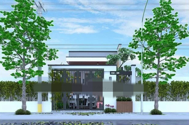 Nhà ống 1 tầng hiện đại thông thoáng. Sảnh rộng hai bên có bồn hoa xanh và tiểu cảnh trồng cây. Ảnh: Thietkenhadepmoi.