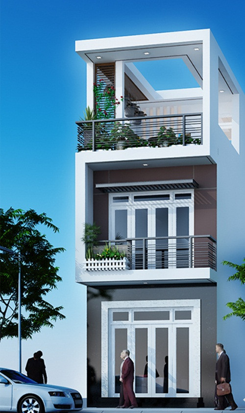 Mẫu nhà 3 tầng 5x14m khoảng 700 triệu đồng, thiết kế hiện đại với 3 phòng ngủ, 1 phòng thờ, 1 sân phơi, sân thượng và sân trước rộng rãi thoải mái. Ảnh: Xaydungvuan.