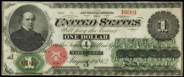 Người đầu tiên được in trên tờ 1 USD là Salmon P. Chase, và đó là vào năm 1863 khi ông vẫn còn sống. Hơn nữa, ông còn là thư ký đương nhiệm của kho bạc.