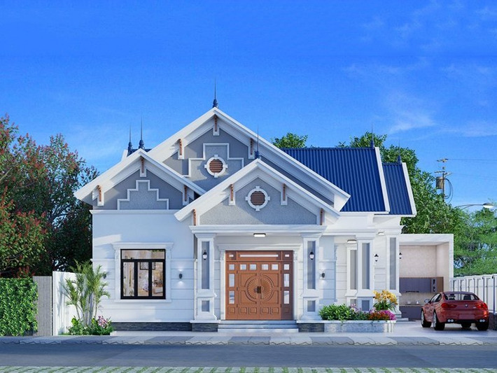 Nhà 1 tầng nổi bật với mái thái giật cấp, cửa chính bằng gỗ sang trọng. Ảnh: Wedo