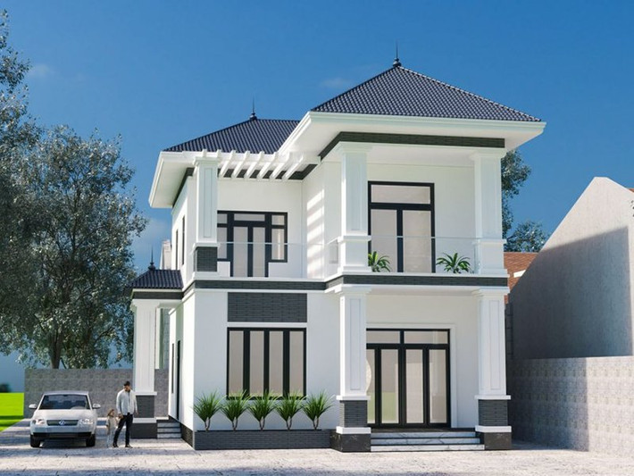 Nhà vuông 2 tầng mái Nhật nổi bật với vẻ đẹp khỏe khoắn, hiện đại. Khối mái đua rộng và thiết kế ban công thông thoáng tạo sự bề thế. Ảnh: Angcovat
