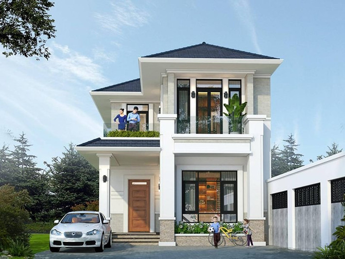 Nhà mái Nhật 2 tầng có diện tích khoảng 70m2. Thiết kế chữ L tạo ra khoảng không gian trống có tác dụng đón gió mát mẻ và đón ánh nắng. Ảnh: Angcovat