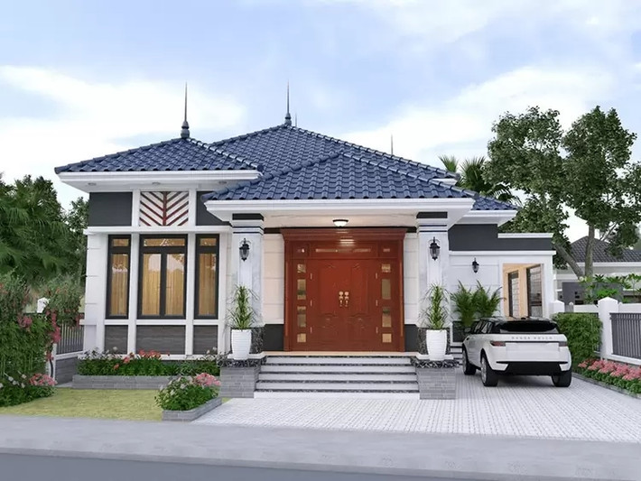 Nhà mái Nhật 3 phòng ngủ ấn tượng với mặt tiền được trang trí bằng gạch men, gạch đá, gạch thẻ đẹp mắt. Ảnh: Internet
