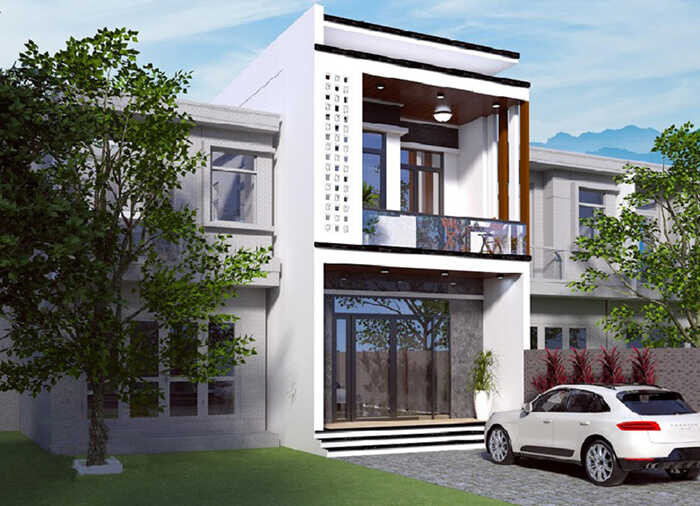 Điểm nhấn của căn nhà 2 tầng là sự kết hợp hài hòa của 3 tông màu trắng, nâu và xám. Ảnh: Xaydungcuonggiahieu