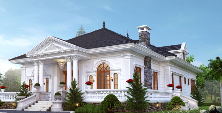 Biệt thự nhà vườn mang phong cách châu Âu 1 tầng có hồ bơi đẳng cấp. Phần hành lang thoáng rộng giúp gia chủ ngắm toàn cảnh không gian sân vườn. Ảnh: Kientrucanhung
