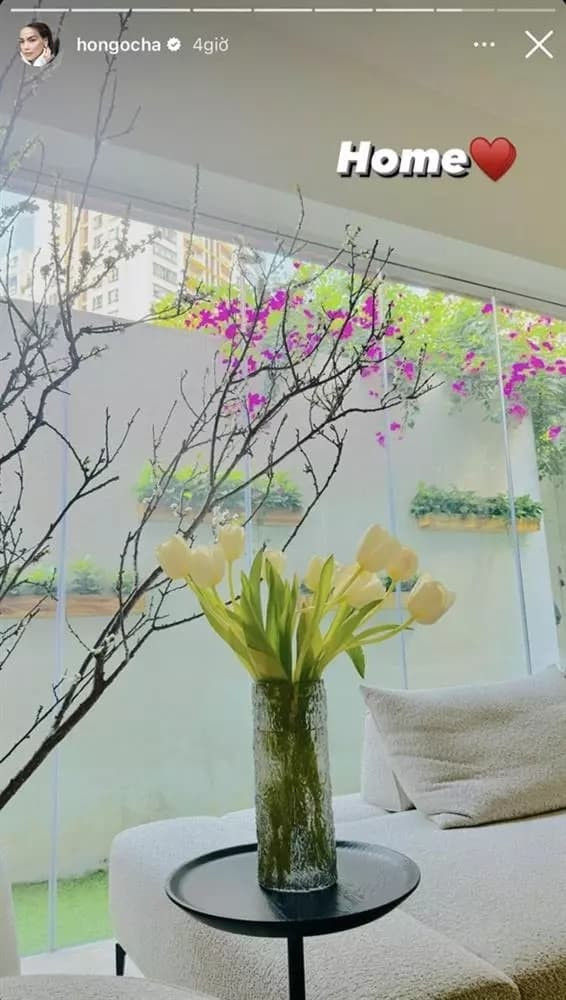 Ngoài ra, Hồ Ngọc Hà còn trưng thêm những bình hoa tulip nhỏ trên bàn uống nước để không gian thêm sinh động.