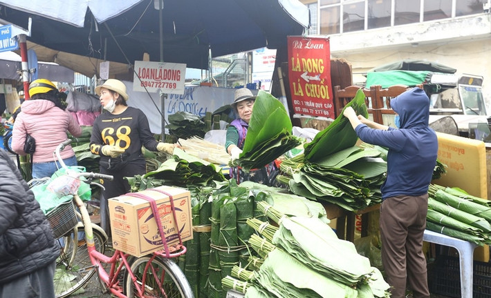 Lá dong năm nay to đẹp, xanh mướt, giá cũng cao hơn so với năm ngoái, trung bình từ 40.000 - 80.000 đồng/bó. Ảnh: Daidoanket