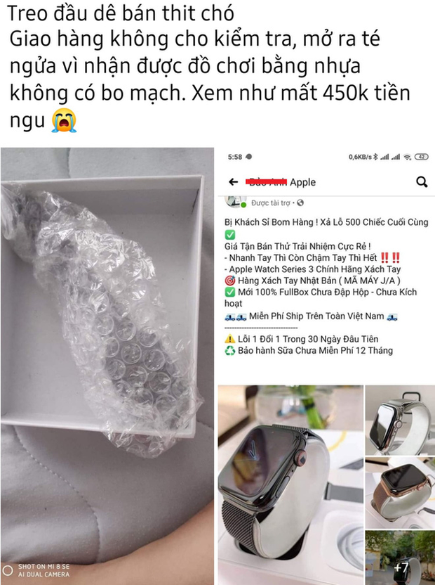 Nhiều vụ lừa đảo khi mua hàng online khiến người mua mất tiền, lại ôm cục tức. Hồi tháng 5 vừa qua, vị khách T.N trong một nhóm cộng đồng công nghệ cho biết, một shop kinh doanh đồ công nghệ online đăng tải hình ảnh đồng hồ có tên Apple Watch series 3 với giá 450.000 đồng. Ảnh: Ictnews