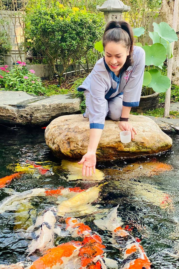 Khu vực ca sĩ Nhật Kim Anh thích nhất trong nhà là hồ chứa 50 chú cá Koi Nhật Bản. Mỗi ngày, cô thường dành thời gian ngắm và cho cá ăn. Ảnh: Vietnamnet.