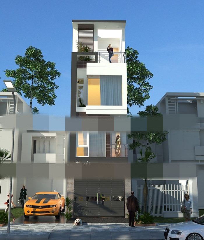 Mặt tiền 4m của mẫu thiết kế nhà ống 3 tầng 1 tum được kiến trúc sử dụng yếu tố tương phản gồm 2 mảng màu sáng tối. Ảnh: Namlongcons.