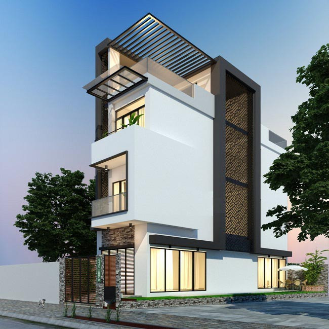Nhà ống 3 tầng bắt mắt với không gian tràn ngập ánh sáng sắc màu. Vân đá với họa tiết sang trọng làm tăng điểm nhấn cho công trình. Ảnh: Arcviet.