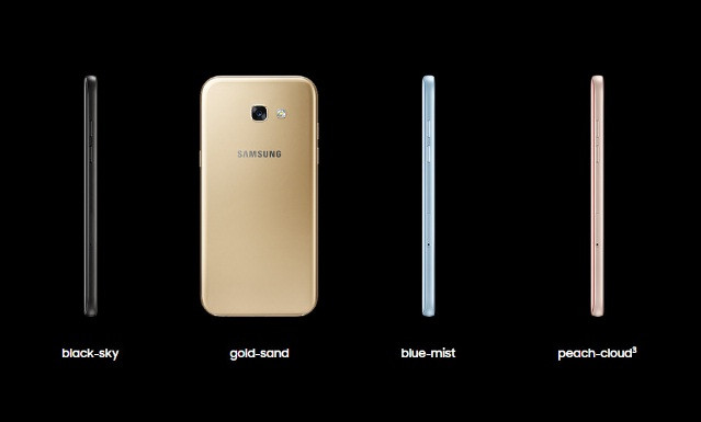 Galaxy A 2017 lên kệ với bốn màu đen, vàng, xanh dương và hồng. Nguồn ảnh: Phone Arena.