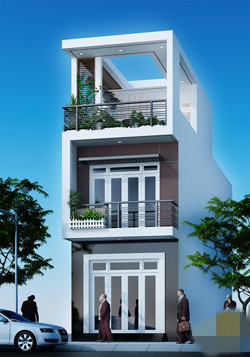 Nhà 3 tầng có 3 phòng ngủ, 1 phòng thờ, 1 sân phơi và cả một sân thượng cùng sân trước rộng rãi thoải mái. Ảnh: Xaydungvuan.