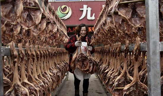 Làng nghề làm vịt phơi khô tại TP Thành Đô, tỉnh Tứ Xuyên. Ảnh: Sohu.