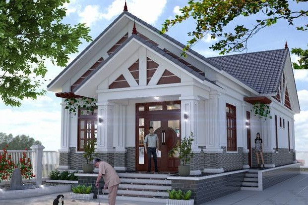 Là dạng nhà ở thấp tầng nhưng mẫu nhà cấp 4 mái thái vẫn toát lên được tính sang trọng, tinh tế nhờ cách kết hợp hài hòa với cảnh quan xung quanh. Ảnh: Thietkenhadepmoi.