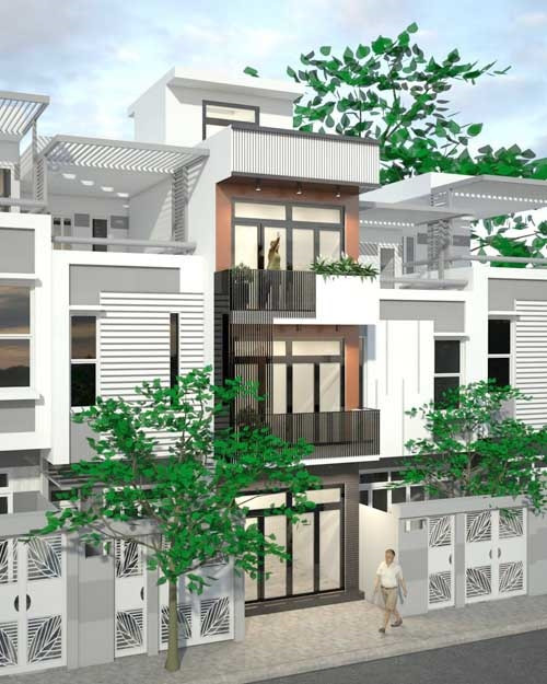 Mẫu nhà ống 3 tầng 1 tum được thiết cho gia đình 5 người. Trong đó tầng 1 là không gian chung, tầng 2 và tầng 3 là không gian phòng ngủ, phần tum sẽ có một phòng nhỏ làm phòng thờ, còn lại làm sân thượng và sân phơi. Ảnh: Xaynhapho.