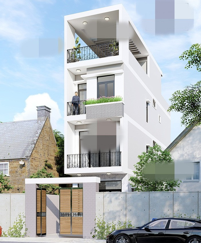 Mẫu nhà phố 3 tầng 1 tum có mặt tiền hiện đại, đơn giản. Bồn hoa trước các tầng giúp cho không khí mát mẻ cũng như tăng nét thẩm mỹ cho ngôi nhà. Ảnh: Kienanvinh.