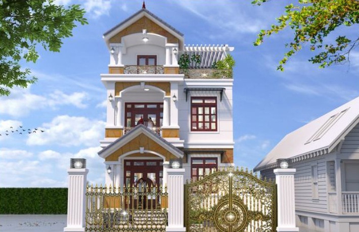 Mẫu nhà 3 tầng 7x12m thiết kế theo kiến trúc biệt thự mái thái hiện đại pha nét tân cổ điển bề thế. Ảnh: Thietkenhadepmoi.