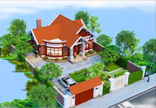 Mẫu nhà vườn mái thái khơi gợi không gian sống hiện đại, khoa học, với thiết kế hình khối đăng đối. Ảnh: Wedo.