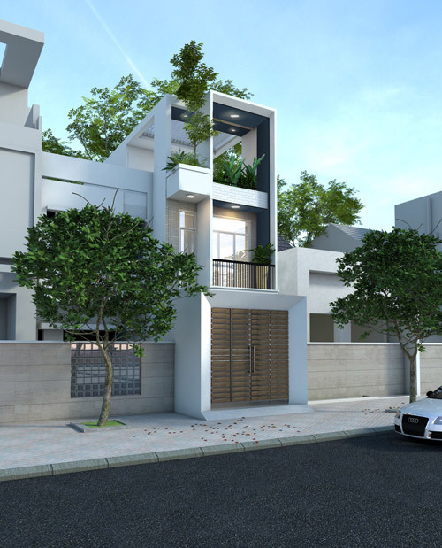 Mẫu nhà ống 3 tầng sử dụng gam màu trắng chủ đạo kết hợp với cây xanh ở sân thượng và ban công tạo cảm giác thư thái hơn. Ảnh: Nhadepktv.