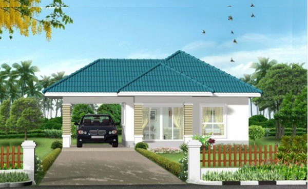 Mẫu nhà cấp 4 sử dụng tông màu ghi trắng và xanh lơ chủ đạo. Phần gara xe được thiết kế ra bên ngoài của căn nhà và chính diện với cổng ra vào để thuận tiện. Ảnh: Thietkethicongnhadep.