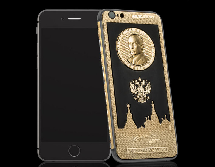 3. iPhone 6s Caviar Supremo Putin Tre Volte: Mẫu iPhone này có phần lưng được làm bằng titan, vàng và titanium. Trang trí của nó bao gồm một bức ảnh chân dung của Tổng thống Liên bang Nga Vladimir Putin cùng với chữ ký của ông, hình ảnh điện Kremlin kết hợp với hình ảnh của nhà thờ St.Basil. Nó có giá 197.000 rúp (gần 80 triệu đồng) và chỉ được sản xuất giới hạn 99 chiếc. Nó được tung ra nhân dịp Tổng thống Vladimir Putin được tạp chí Forbes vinh danh lần thứ 3 là người có ảnh hưởng nhất thế giới vào cuối 2015.