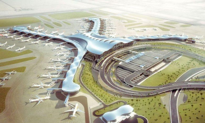 Nhìn từ trên cao, sân bay Abu Dhabi trông giống như một mê cung mà ta thường thấy trong các bộ phim viễn tưởng. Ảnh: MEED.