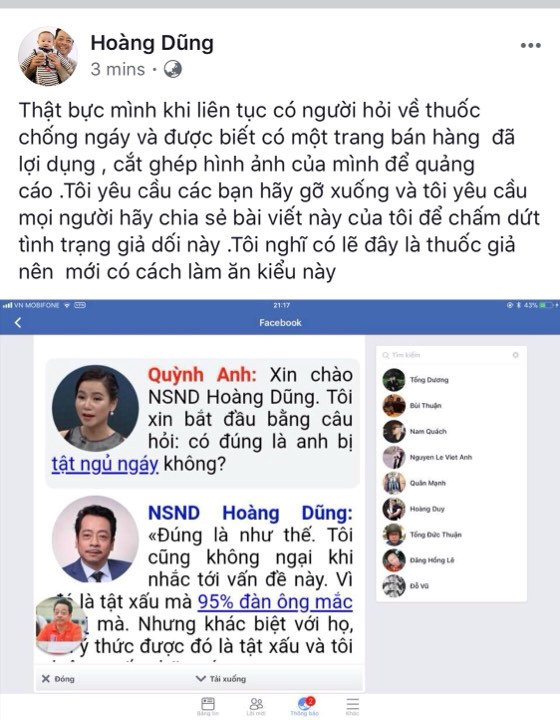 NSND Hoàng Dũng cũng không nằm ngoài tầm ngắm của các nhãn hàng. Năm 2018, NSND Hoàng Dũng bày tỏ bức xúc khi một trang bán hàng đã đăng hình ảnh của ông quảng cáo cho một loại thuốc trị ngáy. Ảnh: Vietnamnet.