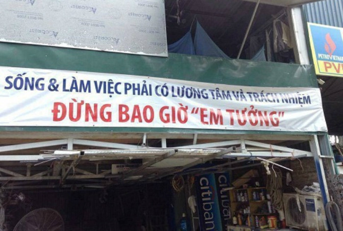 Hầu hết những tấm bảng, băng-rôn quảng cáo... đều được chủ nhân của nó lên ý tưởng theo phong cách hài hước, mà mục đích cuối cùng là để thúc đẩy sản lượng tiêu thụ của sản phẩm, gây ấn tượng nhất định trong lòng khách. Ảnh sử dụng trong bài: Sưu tầm Facebook.