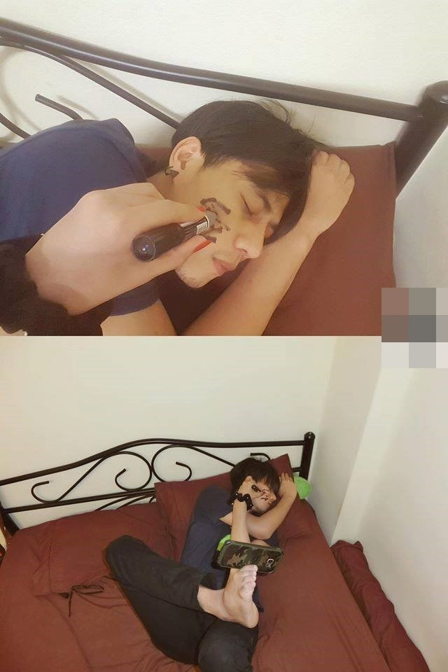 Dùng chân để chụp ảnh còn dùng tay còn lại để tự vẽ lên mặt, ai cũng nghĩ rằng anh chàng người Thái này đang vô cùng hạnh phúc bên cạnh cô bạn gái tinh nghịch.