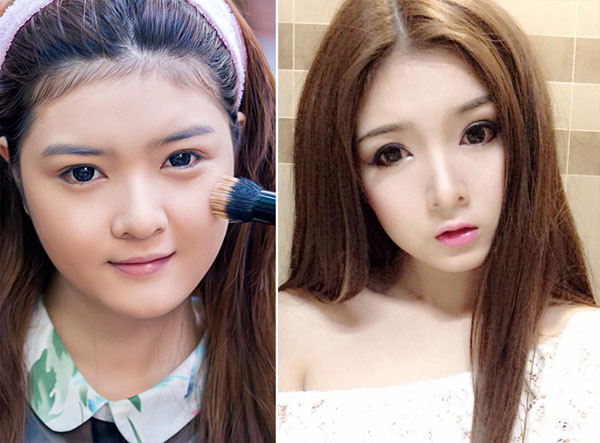 Vốn sở hữu khuôn mặt bầu bĩnh, phúng phính (trái), hot girl Lily Luta được giới trẻ mệnh danh là nàng "búp bê" trong sáng. Bên cạnh đó, phong cách trang điểm ngọt ngào, đáng yêu và thói quen đeo kính giãn tròng cũng là yếu tố quan trọng giúp cô xây dựng thành công hình tượng dễ thương.