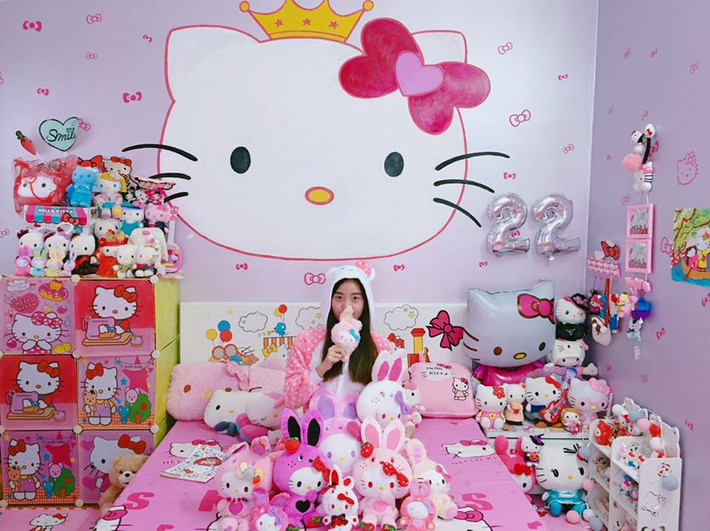 Nếu là 1 tín đồ của chú mèo dễ thương Kitty, chắc hẳn khi nhìn vào bộ sưu tập của Hương Linh ai cũng phải phát cuồng. Tất tần tật mọi thứ từ valy, quần áo, giày dép, túi xách hay thậm chí cả laptop và cả giấy vệ sinh đều in hình Kitty.
