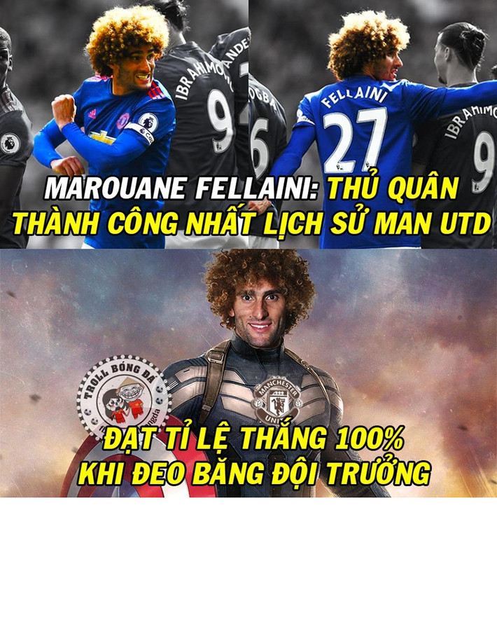 Những bức ảnh chế bóng đá của dân mạng trong tuần vừa qua đã trở lại với những sự hài hước cực lớn. Đầu tiên đó là việc cầu thủ đầu xù Fellaini bất ngờ được trao chiếc băng đội trưởng trong trận đấu của MU với Sunderland và cứ mỗi khi tuyển thủ người Bỉ này đeo băng thủ quân thì đội chủ nhà sẽ có tỷ lệ thắng 100%. Ảnh trong bài: Facebook Troll Bóng Đá.